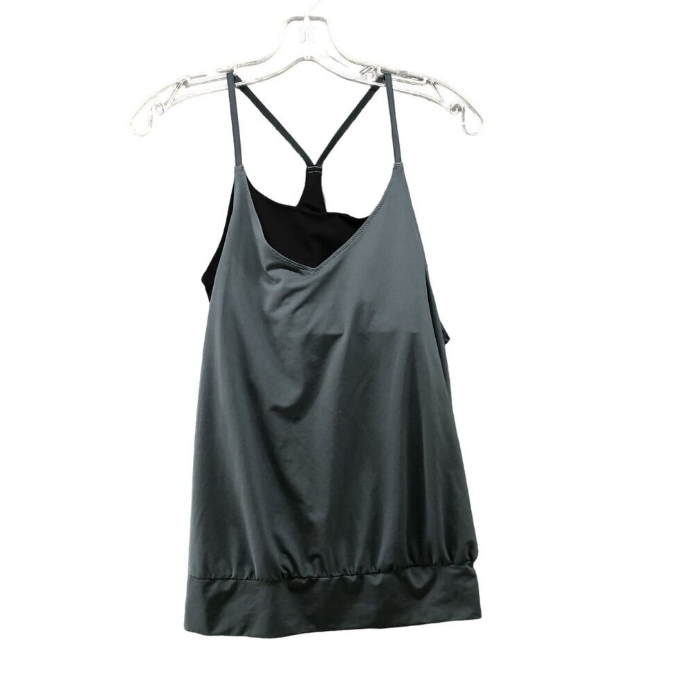 Gap Fit Active Tank Top Womens S Built In Bra Layered Cinch Hem Gray Black